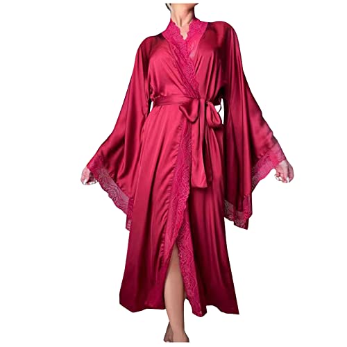 IQYU Bademantel Damen Leicht Dünn Morgenmantel Leicht Satin-Reisebademantel Lang Dünn Kimono Spitze-Nachtwäsche Mit Gürtel Nachthemd Mit Blumenspitze Braut/Brautjungfer Robe von IQYU