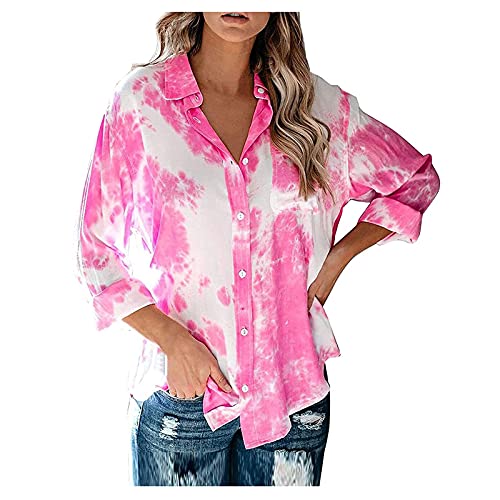 IQYU Batik Shirt Damen 90er - Langarmshirt Damen V-Ausschnitt Hemdbluse Elegant Hemd Oversize Longshirt Langarm LäSsig GroßE GrößE Blusenshirt- Sommerbluse- Sweatshirt Pullover FüR Teenager MäDchen von IQYU