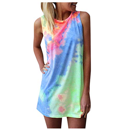 IQYU Batik-Shirt Damen Regenbogen: Regenbogen Kleid Damen Sommer Strandkleid Ärmellos Sommerkleid Elegant Boho-Kleid Rundhals Mini Kleider Bunte-Kleid Shirtkleid Lose Longshirt Oversize Tank Tops von IQYU
