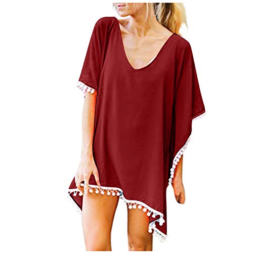 IQYU Bikini Cover Up Damen Sommer Baumwolle Strandkleid Spitze-Strandtunika Mit Quasten Spitzenbluse StrandPoncho Elegant Strandkleid Sommerkleid Bikini-Covers Up Badeanzug Strandponcho von IQYU