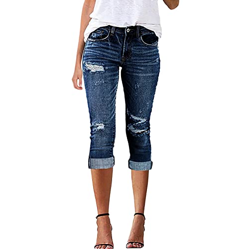 IQYU Capri Jeans Damen Stretch Destroyed - Caprihosen Damen 3/4 Strech Jeans-Hosen Sommer Freizeithose Leicht Jeanshose Kurze Hosen 7/8 Damenhosen High-Waist Caprihose Zerissen-Jeans Bermudas Shorts von IQYU