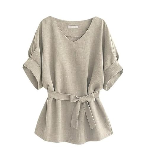 IQYU Damen Blusenshirt Elegant Festlich Longbluse Kurzarm Mit Gürtel Leinenbluse Einfarbig Wickelbluse Lange Blusen Sommer Oberteile Musselin Bluse Elegante Damenblusen Tailliert Hemdbluse von IQYU