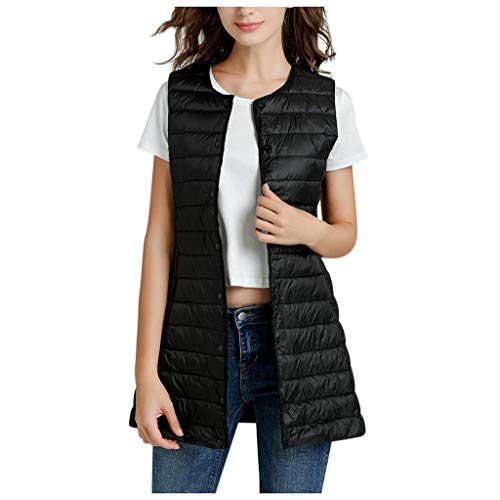 IQYU Damen Daunenweste Leicht Steppweste Schwarz Ohne Kapuze Steppjacke Elegant Übergangsjacke Dünne Daunenjacke Mit Tasten Daunenmantel Große Größen Übergangsjacke Warm Winterajcken Longweste von IQYU