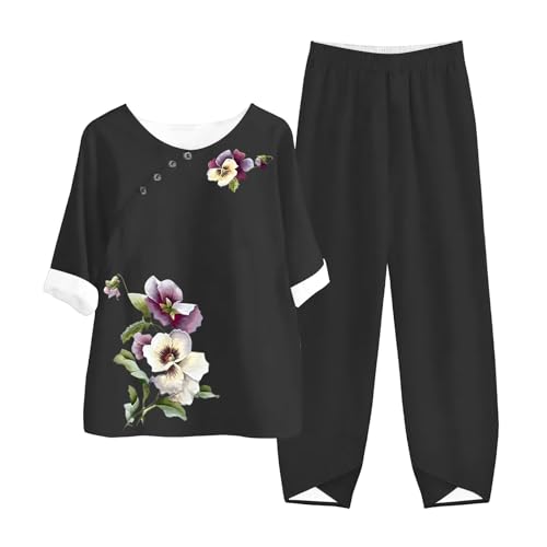 IQYU Damen Hosenanzug Festlich Elegant Große Größe Leinenanzug Sommer Lang 2 Teilige Vintage Gedruckt Kurzarm Blusen Weite Hose Musselin Set Casual Lose Jogginganzüge Leicht Strand Outfit von IQYU