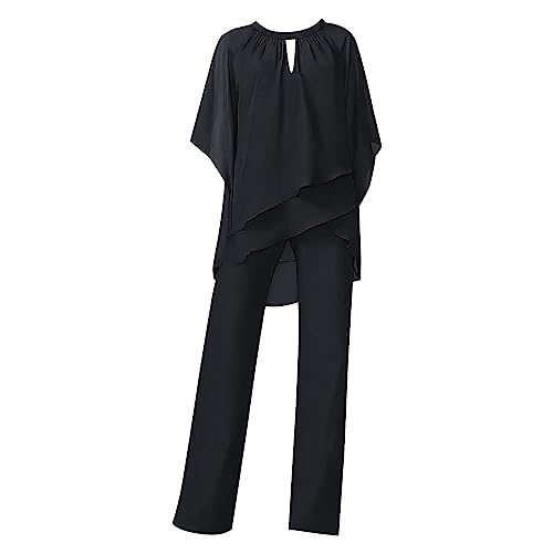 IQYU Damen Hosenanzug Festlich Hochzeit Brautmutter Freizeitanzug Modern Elegant Zweiteiler Sommer Locker Chiffon Bluse Straight Hosen Festival Outfit Aesthetic Clothes Loungewear Stoffhose von IQYU