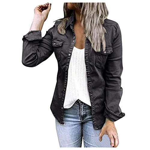 IQYU Damen Jacke Schwarz Übergang-Jeansjacke Lang Tailliert Jeansjacken Blau Denim Jacke Tops Vintage Jeansjacken Mit Genähtem Design Reguläre Passform Langärmlige Jeansjacken von IQYU