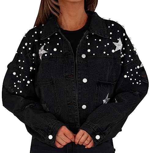 IQYU Damen Jeansjacke Mit Strass -Jeansjacken Stretch Übergangsjacke Großen Größen College Jacke Sommer Denim-Jacket Freizeitjacke Bikerjacke Jeans Jacket Mit Perlen Blusen Herbst-Jacken von IQYU
