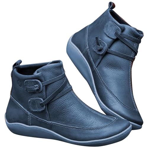 IQYU Damen Stiefel Leder, Barfuss Schuhe Outdoor, Herbst Und Winter Vintage Lederschuhe, Schuhe Plateau Stiefel Mit Zipper, Stiefeletten Mit FersenstüTze, Runde Zehe Weiche Flach Damenstiefel von IQYU