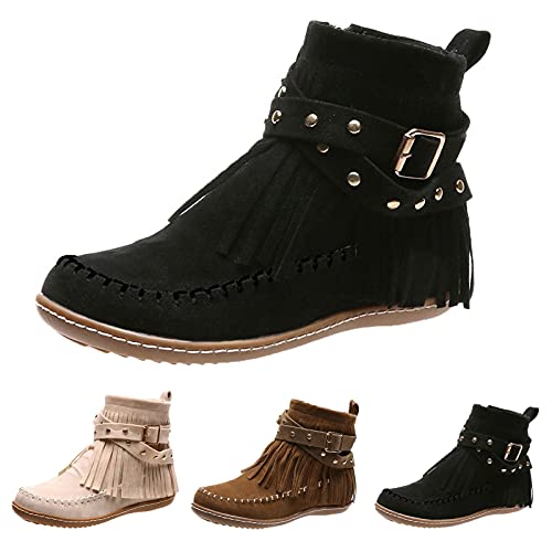 IQYU Damen Stiefeletten Solide, Schlupfstiefel Wildleder, Damenschuhe Stiefeletten Flach, Damen Schuhe Weite H, Retro Damenstiefeletten Mit Fransen,Damen Boots Mit ReißVerschluss,Freizeitschuhe von IQYU