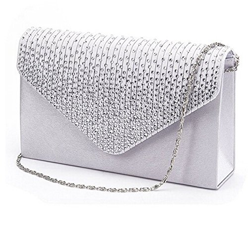 IQYU Damen Strickjacke Kurz Mit Taschen Satin Party große Clutch Damentasche Damen Abendtasche Umschlag Diamante Tasche Wochenende Taschen (Silver, One Size) von IQYU