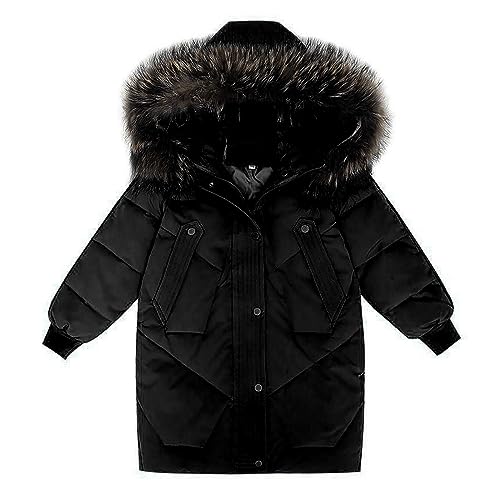 IQYU Daunenjacke Schwarz Kurz Damen Kleine/große Kinder Mädchen 2023 Winter Dicken Mantel Mit Kapuze Pelz Kragen Einfarbig Zipper Taste Mantel Mit taschen Steppjacke (Black, 4-5 Years) von IQYU