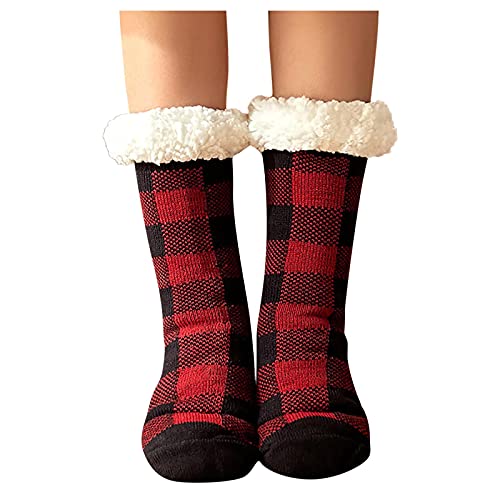 IQYU Der Sucht Socken Damen Winter Karierte Socken Verdicken Warme Schlafsocken Hausschuhe Fuzzy Socken Socken Rentier (Red, One Size) von IQYU