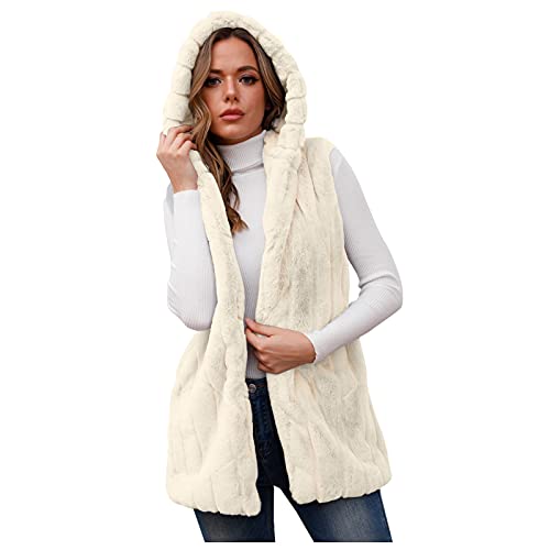 IQYU Fellweste Damen Lang: Pelzweste Damen Kunstpelz Weste Wintermantel Ärmellose Jacke Winterjacke Mit Kapuze Warm Faux Fur Cardigan Lange Mantel Pelzjacke-Felljacke-Steppweste-Fellweste-Pelzmantel von IQYU