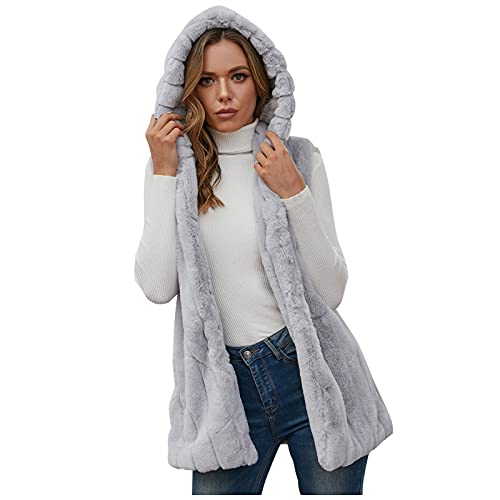 IQYU Fellweste Damen Lang: Pelzweste Damen Kunstpelz Weste Wintermantel Ärmellose Jacke Winterjacke Mit Kapuze Warm Faux Fur Cardigan Lange Mantel Pelzjacke-Felljacke-Steppweste-Fellweste-Pelzmantel von IQYU