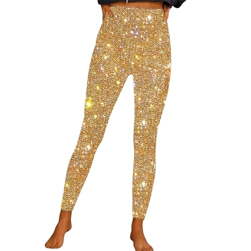 IQYU Glitzer Hose Damen Party: Festliche Hosen Damen Glitzer Caprileggings Glänzend Yogahose High Waist Laufhose Bauchkontrolle Fitnesshose Stretch Laufleggings Stoffhose Schick Leder Leggings-Hose von IQYU