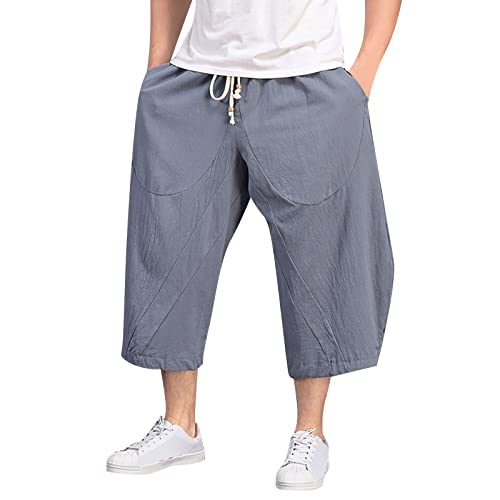IQYU Haremshose Herren Japanischer Stil 3/4 Hose Herren Sommer MäNner Weit Freizeithose Herren Stretch Baggy Jogginghose Herren Leinenmix Fitness Hose Herren Sommer Leinen MäNner Arbeitshosen von IQYU