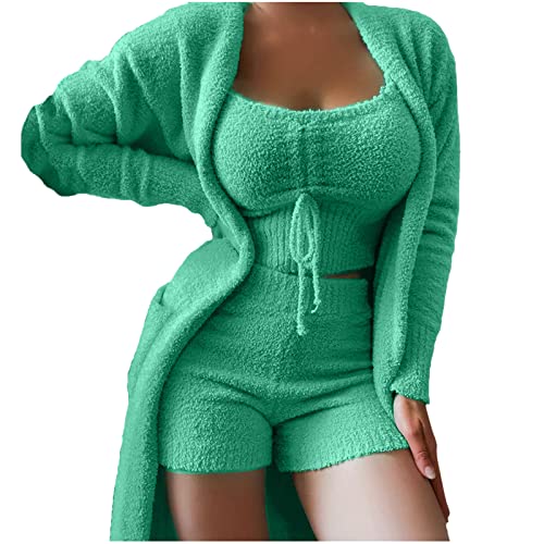 IQYU Hausanzug Damen Kuschelig 3 Teilig - PlüSch-Schlafanzug Damen Kurz Sexy Freizeitanzug Baumwolle Jogginganzug Strickjacke+Crop Tops+Shorts Loungerwear Winter Fuzzy Pyjamas Elegant Kuschelanzug von IQYU