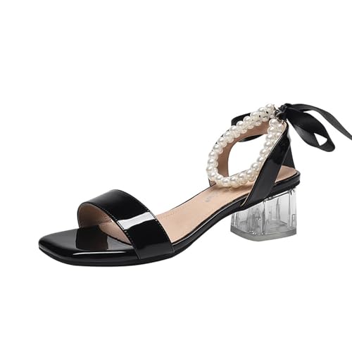 IQYU Hochzeit Schuhe Damen sommer Damen-Brautsandalen mit Perlenriemen, klobige High-Heel-Riemensandalen, Stiletto-Sandalen, High-Heel-Sandalen, Brautschuhe Damen Sommer Schuhe 38 (Black, 42) von IQYU