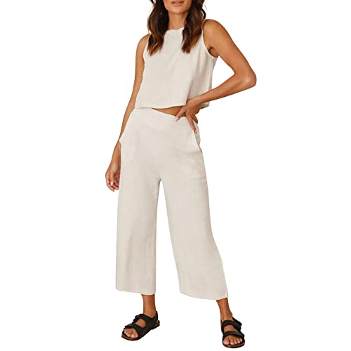 IQYU Hosenanzug Damen Elegant 2 Teiler Trainingsanzüge Streatwear Jogginganzug Ärmellose Tank Top Leinenhose Schlafanzug Lang Sommer Freizeitanzug Leicht-Sommerhose-Leinenbluse Hausanzug von IQYU