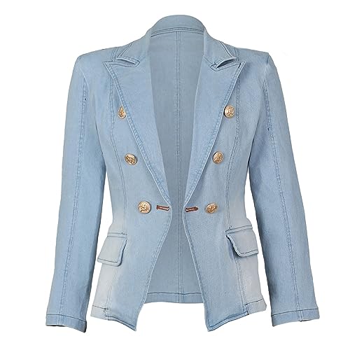 IQYU Jeans Blazer Damen Tailliert - Jeansjacke Damen Stretch Curvy Damen-Jacken Kurze Jeansjacken Hellblau Übergangsjacke Leichte Skinny Stretch Denim-Jacket Sweatblazer/Trachtenblazer-Jeans-Jacken von IQYU
