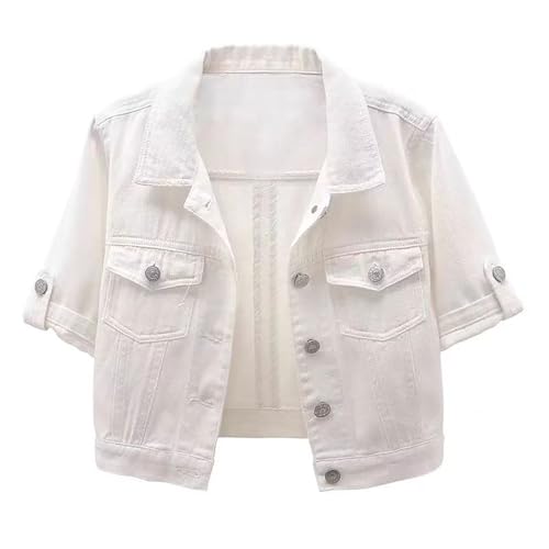 IQYU Jeansjacke Damen Kurzarm Weiß - Jeansjacken Für Frauen Kurz Übergangsjacke Elegant Leichte Sommerjacke Denim-Jacket Bolero Jacke Zum Kleid Jeanmantel Kurzjacke Streetwear Übergangsmantel von IQYU