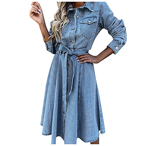 IQYU Jeanskleider Damen Langarm Jeanskleid Rockabilly Kleider V-Ausschnitt Denim,Kleider Vintage Blusenkleid Lose Tunika Kleid Kurze Blusekleider Mit GüRtel Knopfleiste Sommer Partykleid,Sommerkleid von IQYU