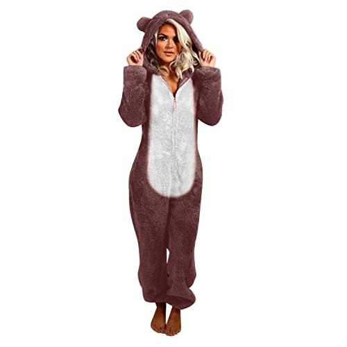 IQYU Jumpsuit Damen Kuschelig Bär: Schlafanzug-Einteiler-Kuschelig Weich GanzköRperanzug Onesies Fleece-Overall Winter Warm Jumpsuits-Kuschelanzug-Strampler-Loungewear-Schlafoverall Erwachsene von IQYU