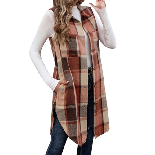 IQYU Karierte Jacke Damen Lang Ärmellose - Wollweste Damen Elegant Übergangsjacke Kariert-Weste Winter Damen-Westen Mit Tasten Trenchcoat Holzfällerjacke Ärmelloses Fleecejacke Wollo-Winterjacke von IQYU