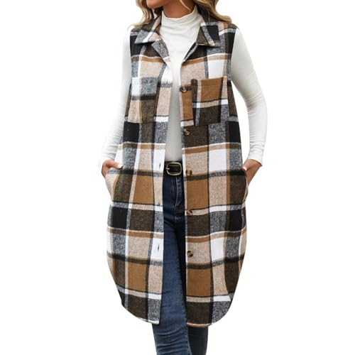 IQYU Karierte Jacke Damen Lang Ärmellose - Wollweste Damen Elegant Übergangsjacke Kariert-Weste Winter Damen-Westen Mit Tasten Trenchcoat Holzfällerjacke Ärmelloses Fleecejacke Wollo-Winterjacke von IQYU