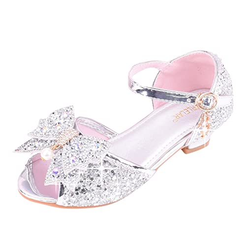 IQYU Kinderschuhe mit glänzenden Sandalen Prinzessin Schuhe Bogen High Heels Zeigen Prinzessin Schuhe Halbschuhe 34 Mädchen (Z01-A-Silver, 33.5 Big Kids) von IQYU