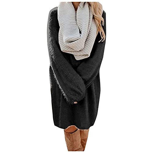IQYU Kuschelpullover Damen Flauschig Lang Winterkleid Langarm Warm Strickkleid Winter Freizeitkleid Oversize Kuschelkleid Einfarbig Winterpullover Stretch Pullikleid-Cocktailkleid FüR Winter Herbst von IQYU