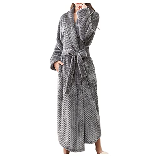 IQYU Langer Morgenmantel Damen Winter Bademantel Waffelpiqu Extra Lang Übergröße Hausmantel Warm Langarm Saunamantel Fleece Bademäntel Flauschig Mit Gürtel Loungewear Kuschelig Nachtwäsche von IQYU