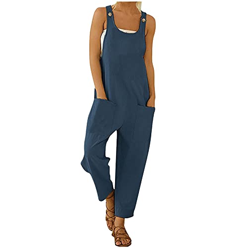 IQYU Latzhose Damen Lang Arbeitshose-Sommerhose Leicht Weites Bein Jumpsuit Sommer Leinenhose Mit Taschen Latzhosen Baggy Leinenhose Ärmellose Overalls Langes Spielanzug Hose Playsuit Arbeitshose von IQYU