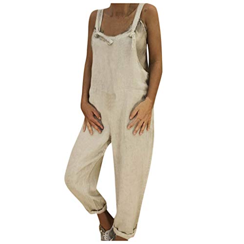 IQYU Latzhose Stoff Damen Elegant: Latzhosen Für Damen Große Größen Leinenhose Lang Sommerhose Leicht Jumpsuit Elegant Ärmellose Stoff-Sommeroveralls Breite Beine Dungarees Hosen Vintage Trägerhose von IQYU