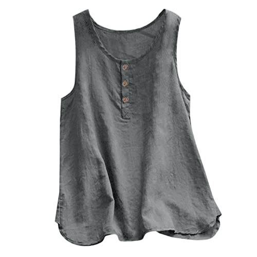 IQYU Leinen-Top Damen Sommer Ärmellos: Leinenbluse Damen Oversize Weste Rundhals Tshirt Mit Knöpfen Tunika Lässiges Blusentops Vintage Tanktop Elegant Button-Down-Bluse Große Größe Sommerbluse-Bluse von IQYU