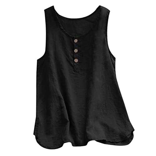 IQYU Leinen-Top Damen Sommer Ärmellos: Leinenbluse Damen Oversize Weste Rundhals Tshirt Mit Knöpfen Tunika Lässiges Blusentops Vintage Tanktop Elegant Button-Down-Bluse Große Größe Sommerbluse-Bluse von IQYU