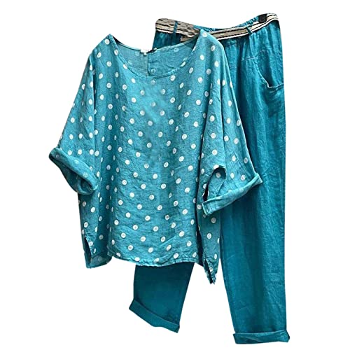 IQYU Leinenanzug Damen Sommer Lang: Sommer-Anzug Damen Leicht Elegant Hosenanzug Zweiteiliges Freizeitanzug Große Größen Hausanzug Casual Jogginganzug Lang Stoffhose + Leinenbluse Sportanzug, S-XXL von IQYU