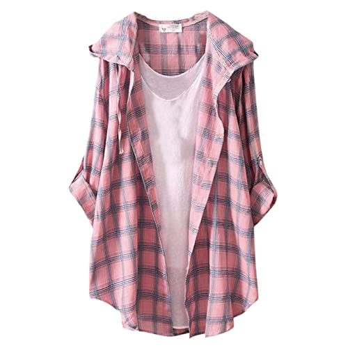 IQYU Leinenbluse Damen Sommer 3/4 Arm - Longbluse Damen GroßE GrößEn Hemdjacke Damen Kariert-Longshirt Damen Sommer Herbst Oberteile Elegant Blusenshirt Langarm Leinenkleider Oversize Hemd Tops von IQYU