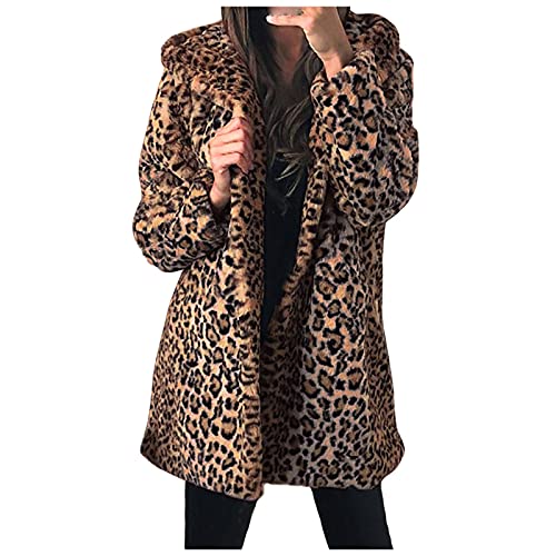 IQYU Leopardenmuster Felljacke Damen Kunstfell Jacke Mit Kapuze Damen Kunstpelz Mantel Winter Lang Cardigan Leopard-Faux Pelz MäNtel Elegant Felljacke Jacke PlüSchmantel- Wintermantel- Pelzjacke von IQYU