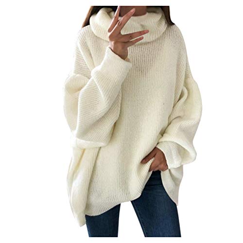 IQYU Longpullover Damen LäSsig Strick - Strickpullover Damen Oversize FledermausäRmel-Grobstrickpullover Lang Rollkragenpullover Baumwolle Langarmshirt Vintage Strickpulli-Winterpullover-Winterpulli von IQYU
