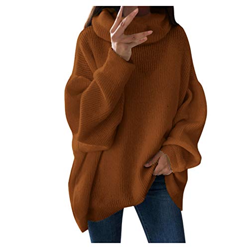 IQYU Longpullover Damen LäSsig Strick - Strickpullover Damen Oversize FledermausäRmel-Grobstrickpullover Lang Rollkragenpullover Baumwolle Langarmshirt Vintage Strickpulli-Winterpullover-Winterpulli von IQYU