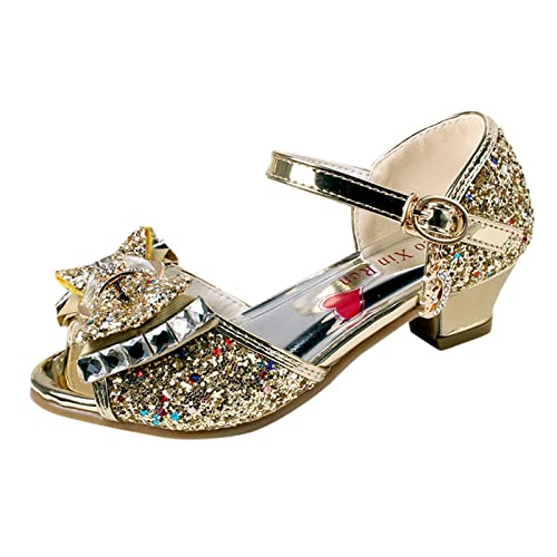 IQYU Mädchen Sandalen Prinzessin Schuhe Fischmaul Offene Spitze Blumenschuhe Hohle Blumenschuhe Sandalen Weiche Sohle Prinzessin Schuhe Warme Sneaker Mädchen (Z02-A-Gold, 33 Big Kids) von IQYU