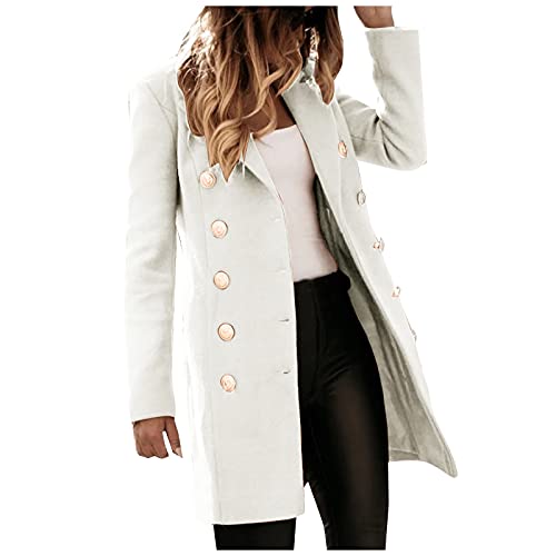 IQYU Mantel Damen Winter Wolle: Trenchcoat Damen Beige Lang Winterjacke Langarm Revers Wollemantel Elegant Windjacke Herbst Cabanjacke Warm Wollejacke Slim Fit Kurzmantel Mit Knopf Dufflecoat von IQYU