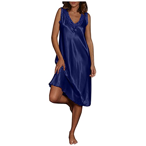 IQYU Nachtkleid Damen Lang Seide: Unterkleid Damen Lang Nachtkleider Kurz Satin-Nachtwäsche Dünn Nachthemd Sexy Sommer Schlafanzüge Große Größen Nachtkleider Negligee Sleepwear Ärmellos Sleepshirts von IQYU