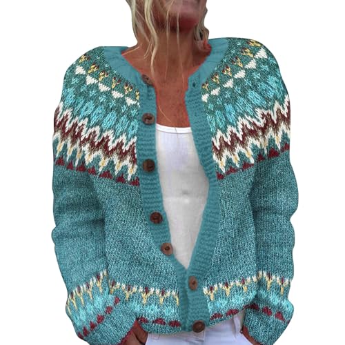IQYU Norweger Strickjacke Damen Baumwolle - Norweger Pullover Damen Original Strickjacken Große Größe Strickpullover Frühling Übergangsmantel Alpaka Bunte-Strickjacke Elegant Cardigan Mit Knöpfen von IQYU