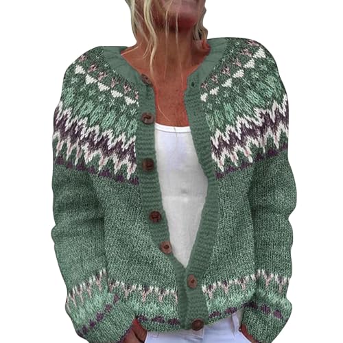 IQYU Norweger Strickjacke Damen Baumwolle - Norweger Pullover Damen Original Strickjacken Große Größe Strickpullover Frühling Übergangsmantel Alpaka Bunte-Strickjacke Elegant Cardigan Mit Knöpfen von IQYU