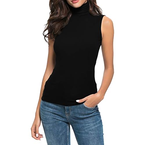 IQYU Rollkragenshirt Damen Ärmellose Mit BH Unterhemden Baumwolle Langarmshirts Ärmellos Unterziehshirt Weich Stretch Rollkragenpullover Basic Tank Top Rollkragen Shirt Unterziehrolli von IQYU