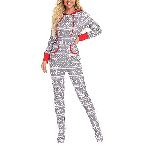 IQYU Schlafanzug Onesie Damen mit Füßen Damen Warm Fleece Einteiler Kapuze Fuß Pyjama Weihnachten Einteiler Jumpsuit Onesie Schlafoveralls Mit Kapuze Winter Schlafoverall Kuscheliger Jumpsuit Damen von IQYU