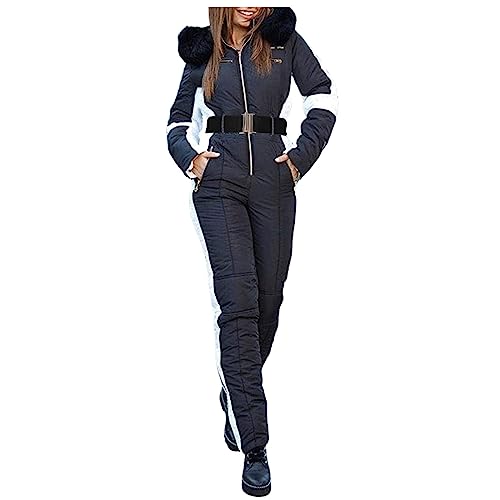 IQYU Schneeanzüge Für Damen Einteilig Warm Schneeanzug Wasserdicht Schneeoverall Winter Snowboardjacke Mit Fellkapuze Softshell-Skijacke Skibekleidung Große Größen Skianzüge Schneehose von IQYU
