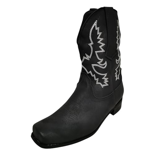 IQYU Schuhe Herren Schwarz Ledersohle Große, bestickte Cowboystiefel für Herren, römische Stiefel mit quadratischer Zehenpartie Outdoor Herren Schnellverschluss (Black, 42) von IQYU